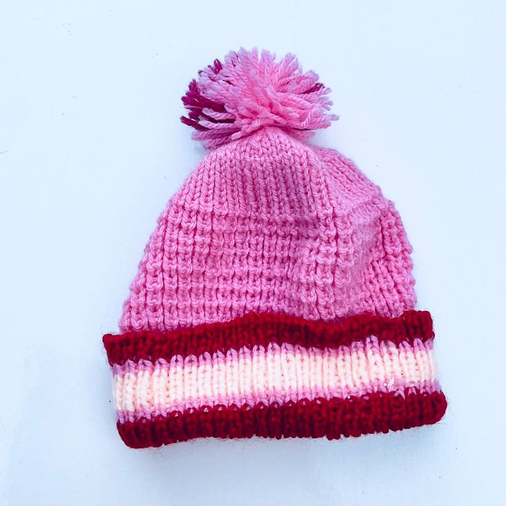 Pink and Red Kids Pom-Pom Hat